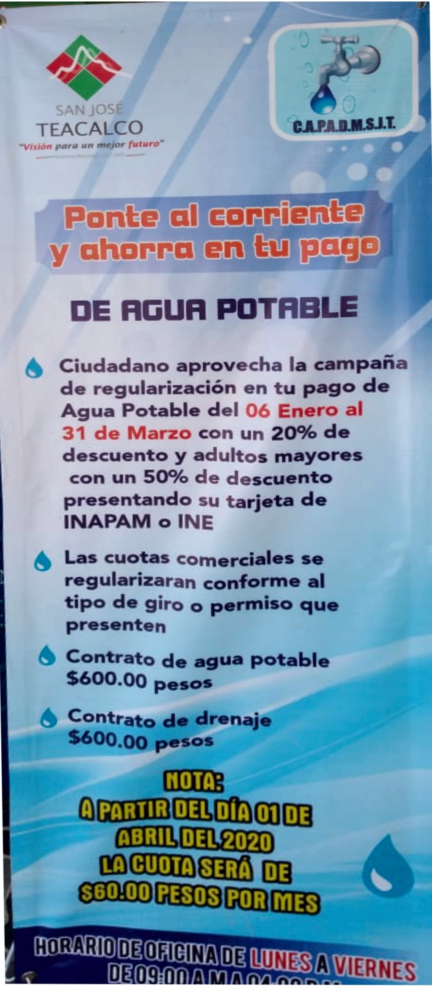 Municipio de San José Teacalco convoca a la ciudadanía para que se pongan al corriente con su pago de agua potable